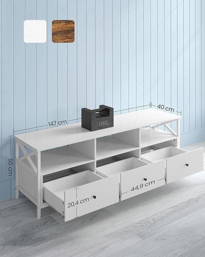 Hoppa! TV-kast lage kast voor tv's tot 65 inch 147 cm lang televisietafel met 3 laden 3 open vakken 40 x 147 x 50 cm woonkamer stalen frame wit