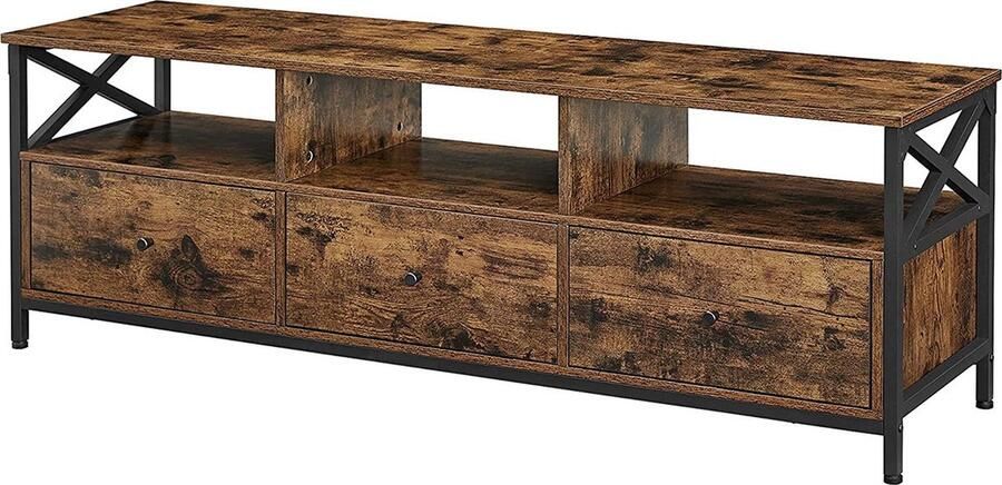 Hoppa! TV-meubel lowboard voor TV's tot 65 inch TV-plank met 3 laden 147 x 40 x 50 cm industrieel ontwerp stalen frame vintage bruin-zwart