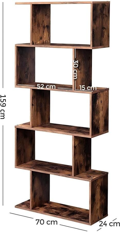 Hoppa! Boekenkast Vintage Opbergkast Rechthoekige Vakken Kast Voor Boeken Bruin 70 x 24 x 159 (B x D x H)