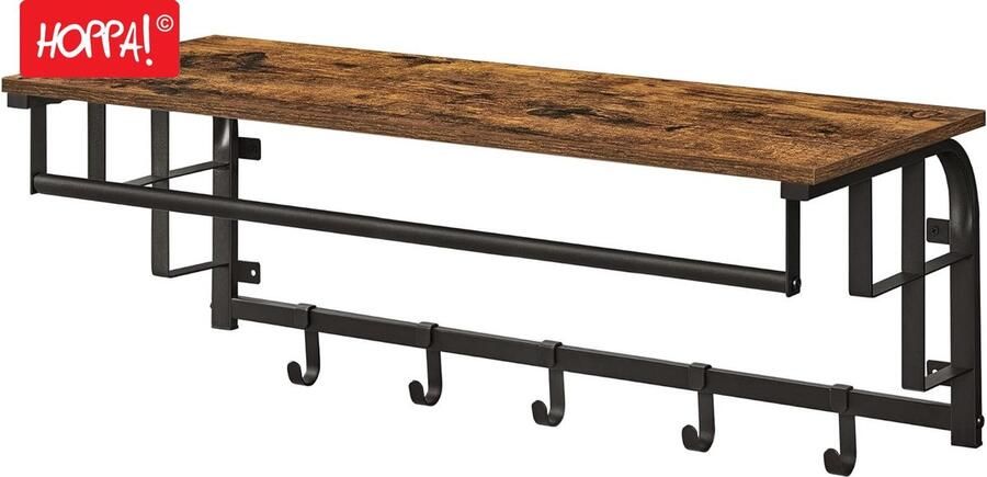 Hoppa! Wandkapstok 3-in-1 ontwerp 5 haken legbord Walnoot Bruin-Zwart 80x27x30 cm (BxHxD)