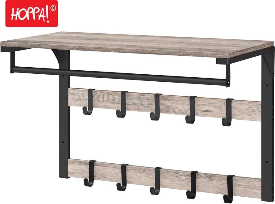 Hoppa! Wandkapstok met legplank wandplank met 10 verwijderbare haken hangplank wandmontage 2 kapstokken kledingstang voor hal slaapkamer badkamer grijs-zwart
