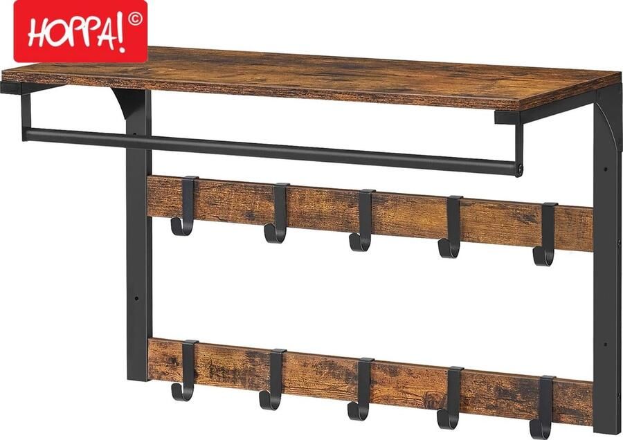 Hoppa! Wandgarderobe met plank wandrek met 10 afneembare haken hangrek wandmontage 2 garderobelijsten kledingstang voor hal slaapkamer badkamer vintage bruin-zwart