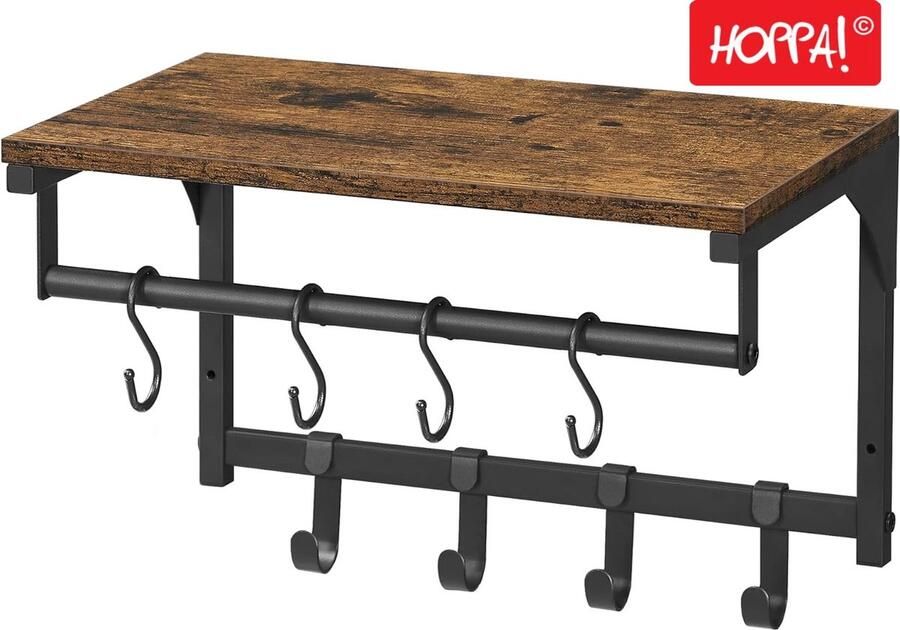 Hoppa! wandkapstok wandplank met 8 verwijderbare haken wandhangende plank met kledingstang voor hal slaapkamer vintage bruin-zwart