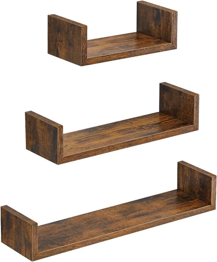 Hoppa! Wandplanken Woonkamer Slaapkamer Rustiek Bruin U-vormige Decoraties Set van 3 Wandplanken Vintage-stijl Wandgemonteerde Zwevende Planken 15 x 60 x 10 cm (D x B x H)