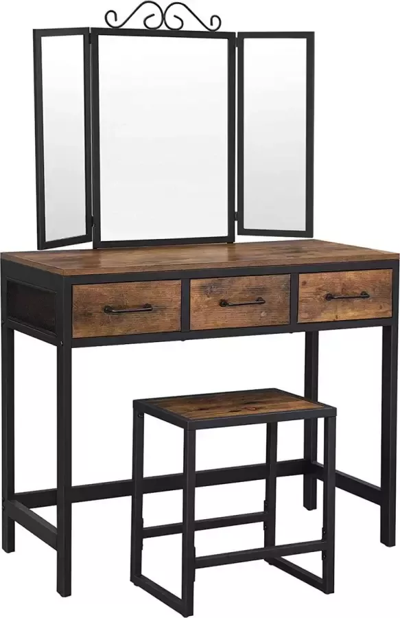 Hoppa! Kaptafel met kruk Dressing Table met 3-delige klapspiegel en 3 lades stalen frame vintage bruin-zwart