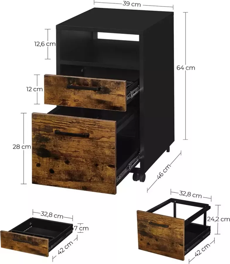 Hoppa! Mobile Filebox with 2 drawers open compartment steel frame with hanging folder for office documents industrial design vintage brown black