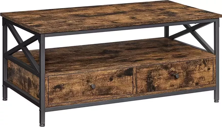 Hoppa! Salontafel woonkamertafel met laden 100 x 55 x 45 cm sofatafel voor in de woonkamer X-vormige schragen open plank industrieel ontwerp vintage bruin-zwart