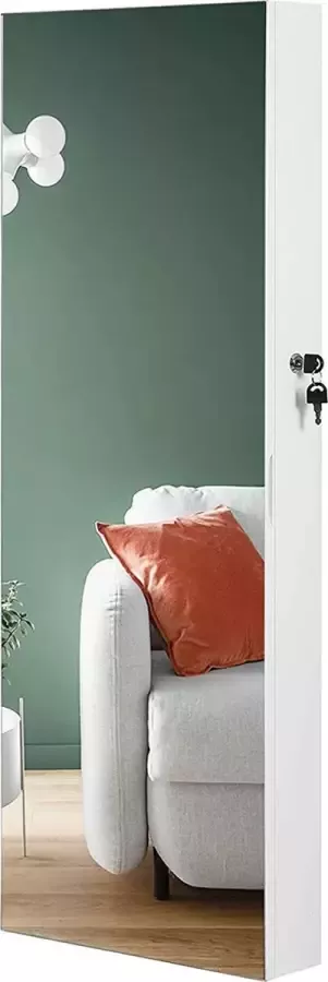 Hoppa! Sieradenkast voor wandmontage met 2 cosmetica-organizers om op te hangen spiegel zonder frame met slot en sleutel wit