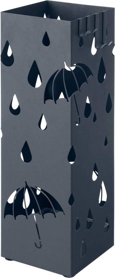 Hoppa! paraplubak paraplubakhouder parapluhouder paraplustandaard zwart metaal vierkant met wateropvangbakje en 4 haken 15 5 x 15 5 x 49 cm antraciet