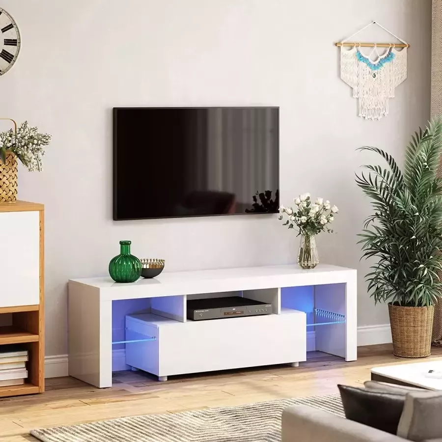 Hoppa! Tv-kast met led-verlichting voor tv's tot 60 inch Modern Glanzend Wit Hout 140 x 35 x 45cm