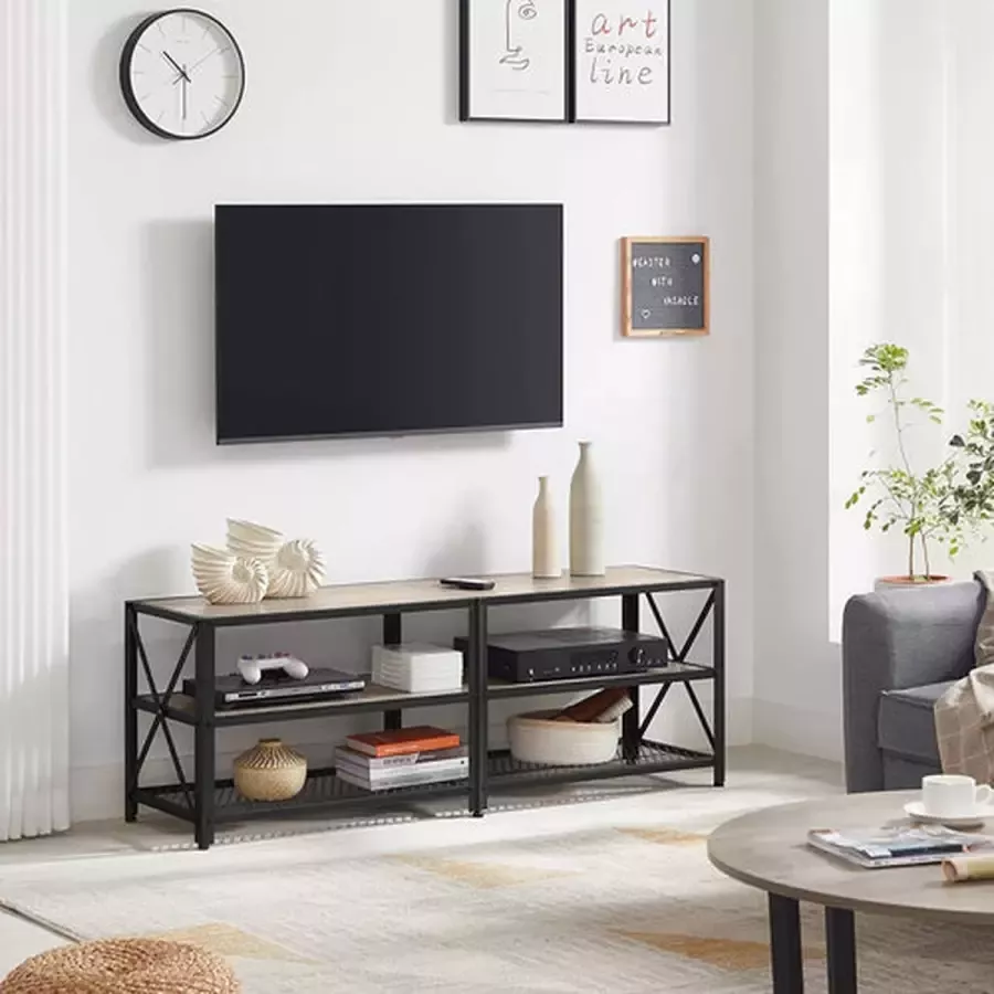 Hoppa! TV-kast TV-tafel lowboard voor TV tot 60 inch TV-kast met rekken stalen frame TV-plank voor woonkamer slaapkamer vintage bruin-zwart 1 x Instructions