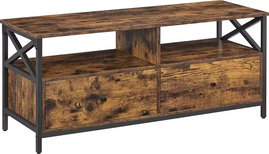 Hoppa! TV-meubel TV-tafel lowboard voor TV's tot 55 inch met 2 laden 2 open vakken 120 x 40 x 50 cm voor in de woonkamer stalen frame vintage bruin-zwart