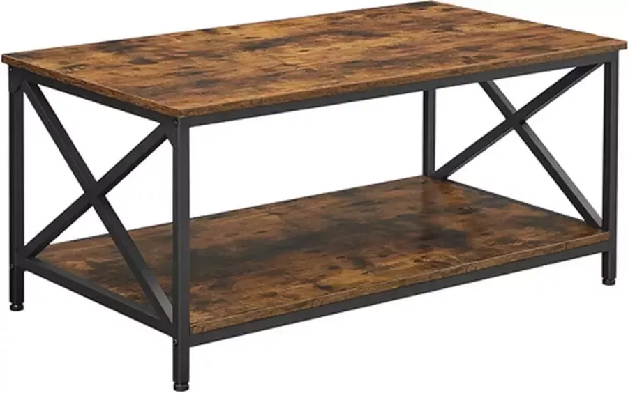 Hoppa! Woonkamertafel salontafel X-vormige steunen met stalen frame en legplanken 100 x 55 x 45 cm industrieel ontwerp landelijke stijl vintage bruin-zwart