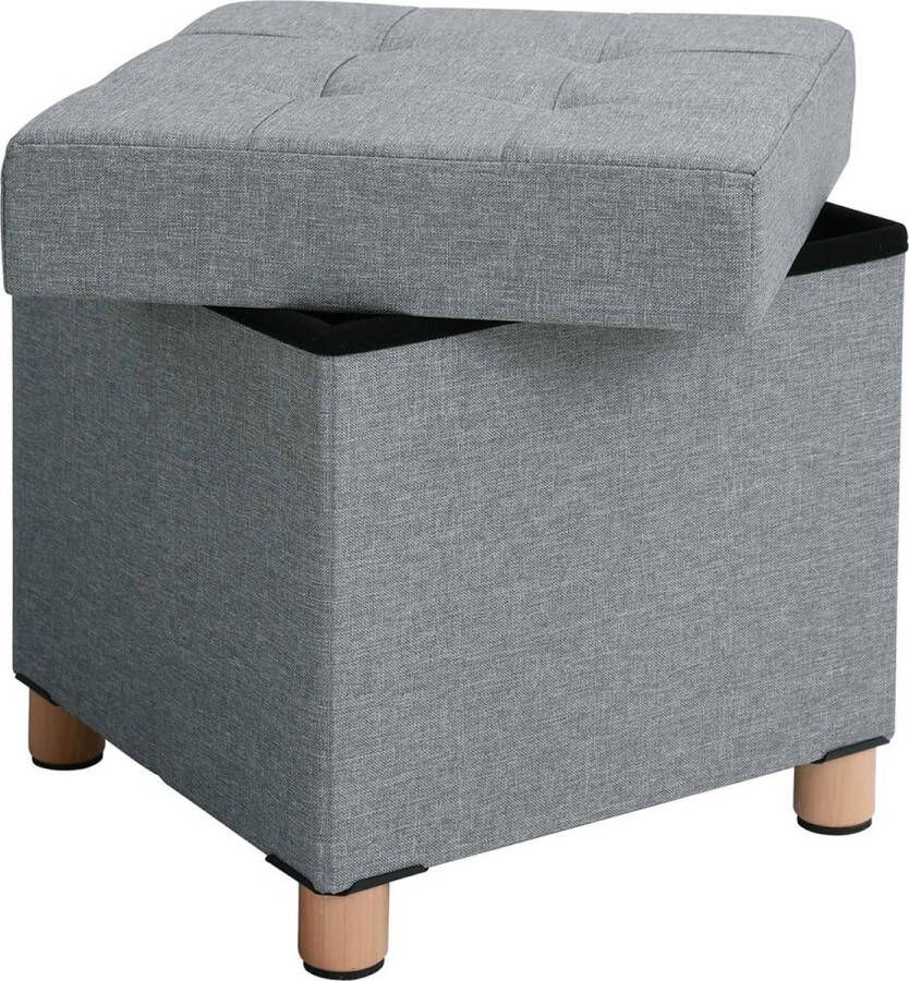 Hoppa! Zitkist poef voetenbank met opbergruimte en deksel met houten poten 38 x 38 x 40 cm lichtgrijs
