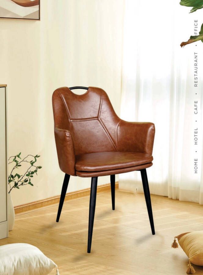 Horeca Markt Cellini Eetkamerstoelen Set van 2 Pu Leer Bruin Zwarte metalen poten kuipstoelen Met handvat Stevig - Foto 2