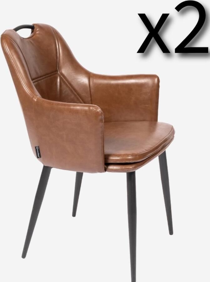 Horeca Markt Cellini Eetkamerstoelen Set van 2 Pu Leer Bruin Zwarte metalen poten kuipstoelen Met handvat Stevig