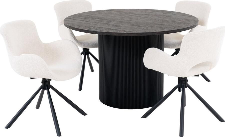 Hioshop Boavista eethoek eetkamertafel Ø120cm donker bruin en 4 Amorim stoel offwhite.