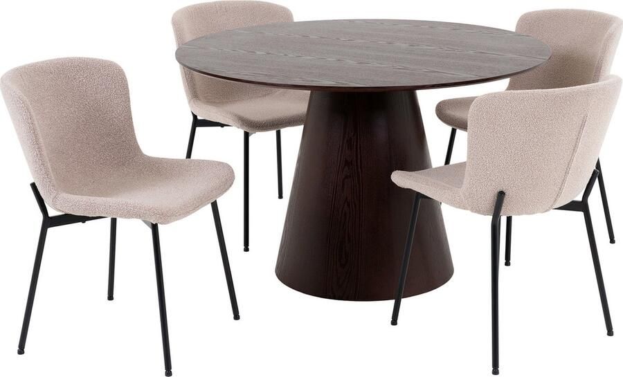 Hioshop Bolton eethoek eetkamertafel Ø120cm donker bruin en 4 Maceda stoel beige.