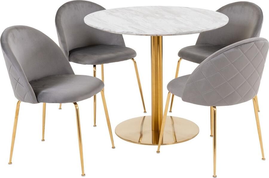 Hioshop Bolzano eethoek eetkamertafel Ø90cm Wit en 4 Geneve stoel grijs.