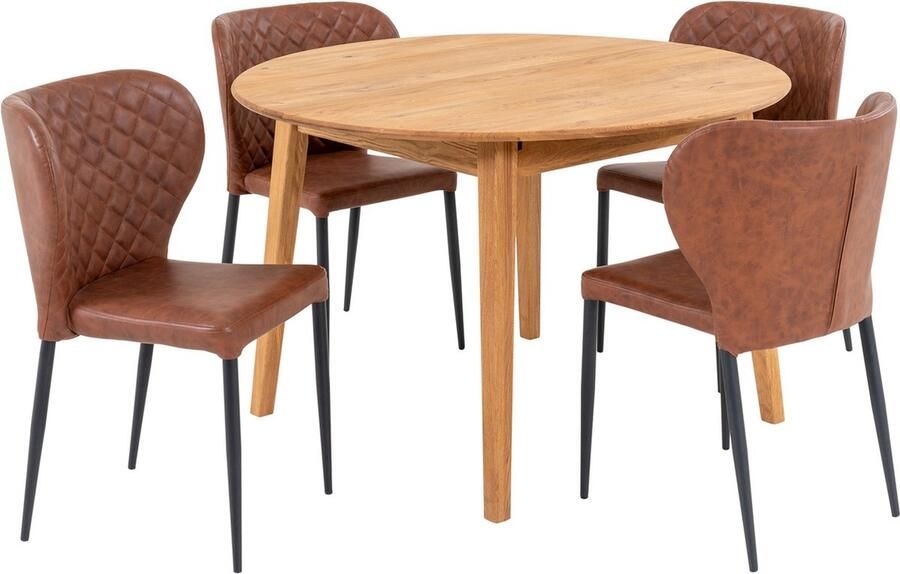 Hioshop Metz eethoek eetkamertafel Ø118cm naturel en 4 Pisa stoel bruin.
