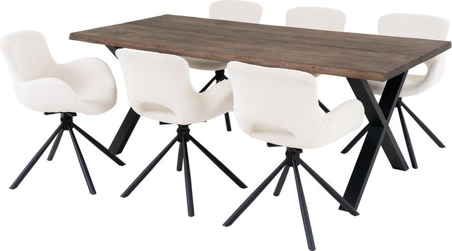Hioshop Toulon eethoek eetkamertafel 95x200cm naturel en 6 Amorim stoel offwhite.