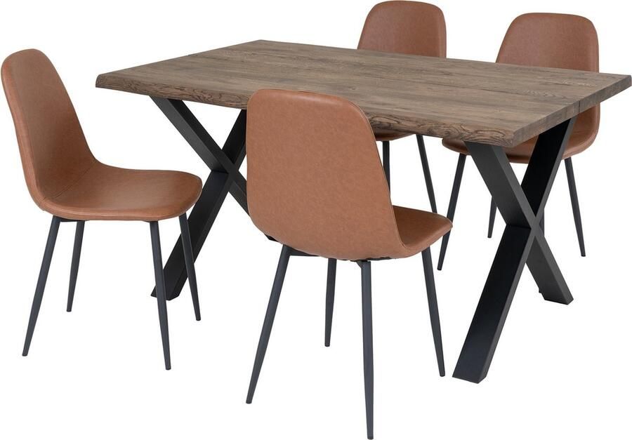 Hioshop Toulon eethoek eetkamertafel 95x140cm naturel en 4 Stockholm stoel bruin.