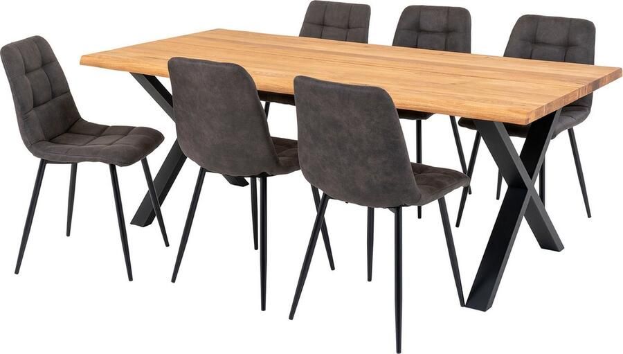 Hioshop Toulon eethoek eetkamertafel 95x200cm naturel en 6 Middelfart stoel grijs.