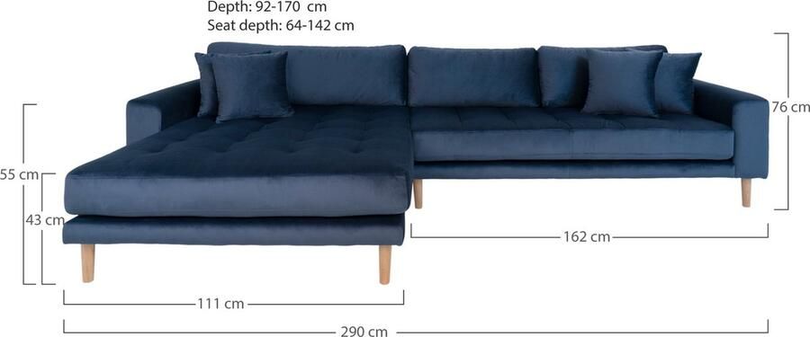 Hioshop Lido bank met chaise longue links velours donker blauw.