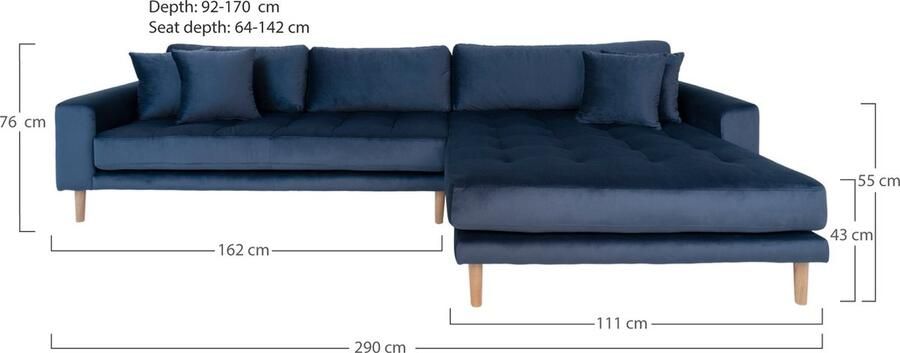 Hioshop Lido bank met chaise longue rechts velours donker blauw.