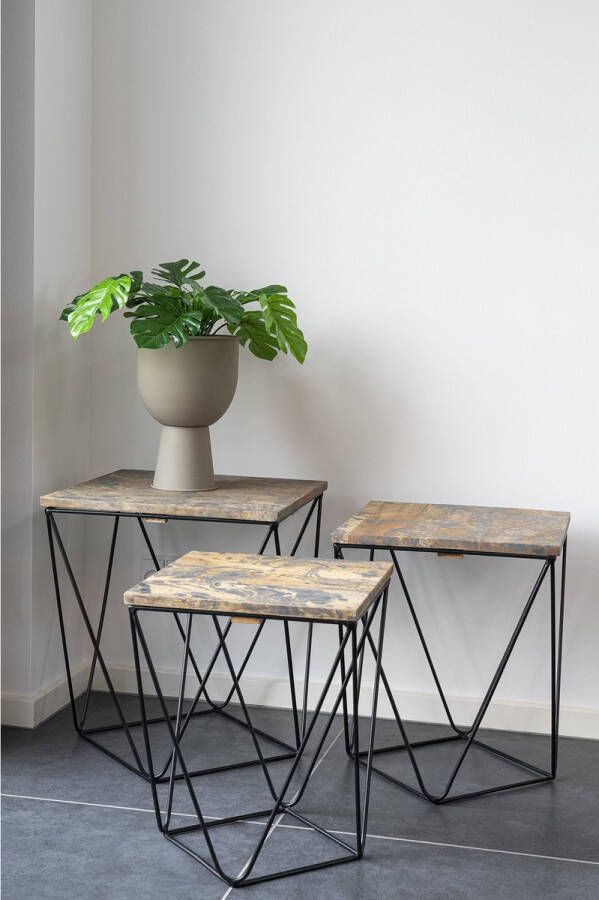 House Nordic Ranchi Bijzettafel Mangohout Marmer afwerking Grijs set van 3