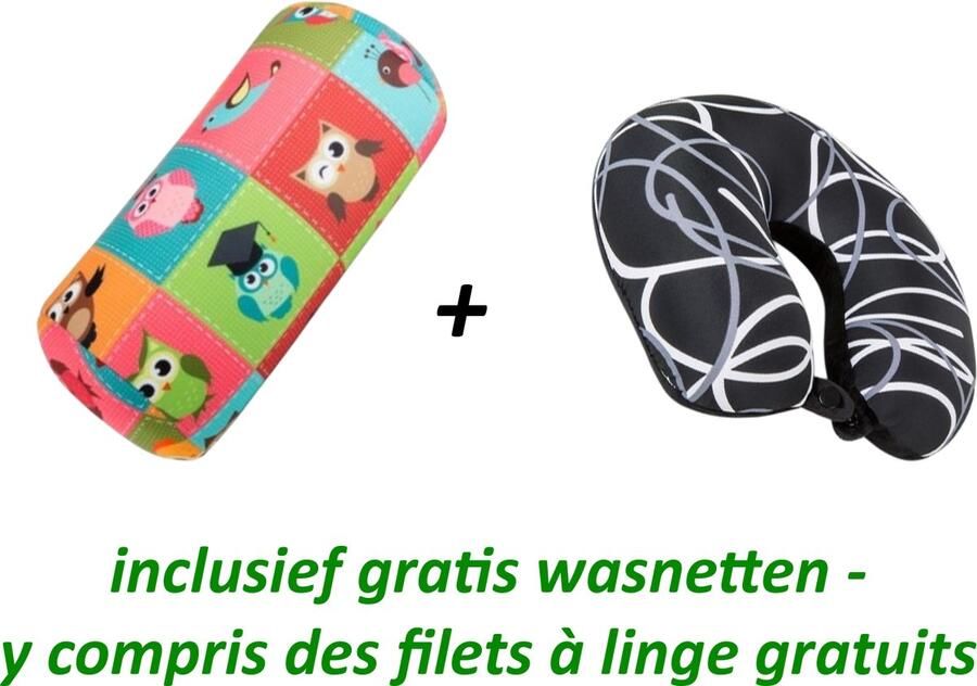 House of Healthbrands Kuschelmaxx Voordeel-set OWL en Nek-reis kussen Rond stevig en zacht kussen met mooie print. Gevuld met microgranulaat vormvast en wasbaar. Ideaal voor op de bank bed auto of op reis