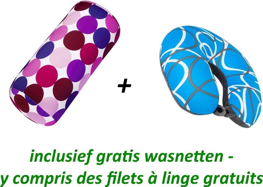 House of Healthbrands Kuschelmaxx Voordeel-set Paars en nek kussen blauw Rond stevig en zacht kussen met mooie print. Gevuld met microgranulaat vormvast en wasbaar. Ideaal voor op de bank bed auto of op reis