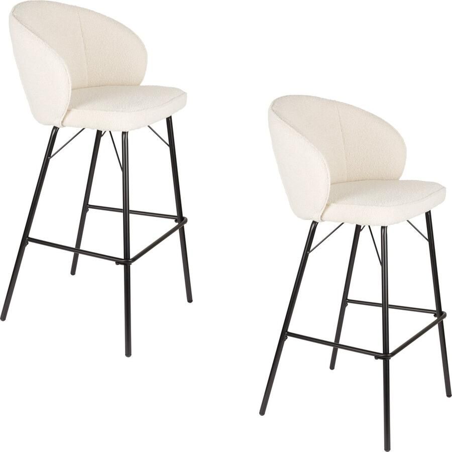 Housecraft living Feliz Lifestyle Joa Barkruk met rugleuning Bouclé Wit Set van 2