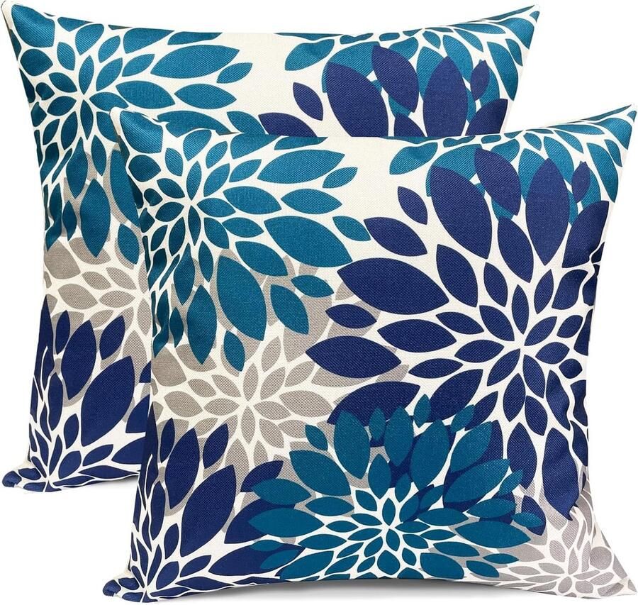 Housmile Decoratieve sierkussenhoezen Set van 2 blauwe kussenslopen 18x18 inch sierkussens Vierkante kussensloop Boerderij Buiten Moderne Bloemen Kussenhoezen voor Bank Sofa Woonkamer