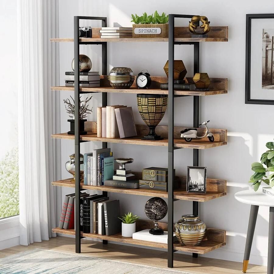 Houss Boekenkast Kast Ladderkast Wandkast Industriële 5-Laags met IJzeren Frame – Stabiele Opbergplank voor Boeken & Decor – Bruin - Foto 2