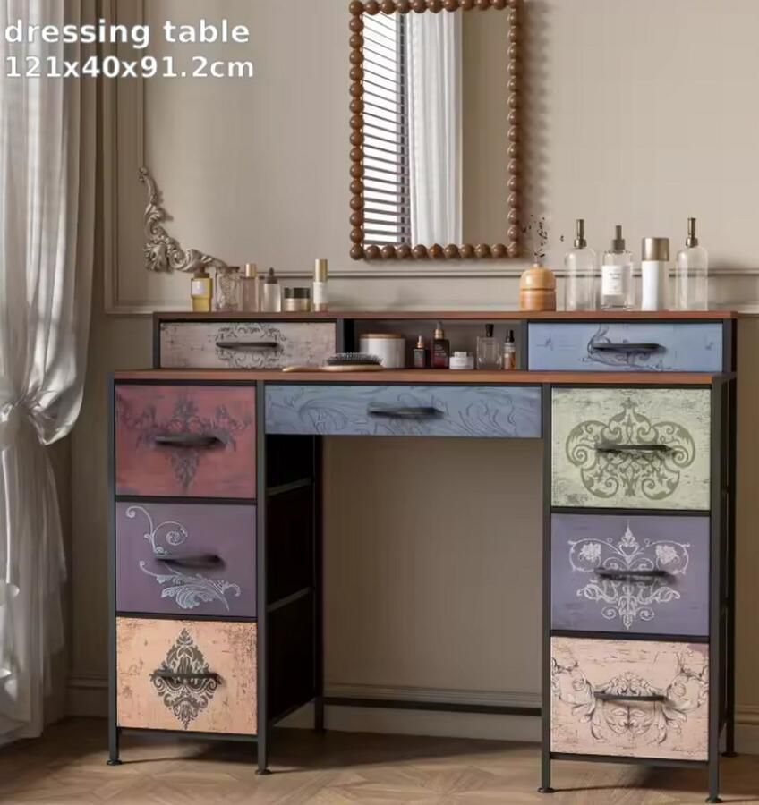 Hout & Staal Vintage Stijl Bureau met Kleurrijke Laden 121cm Breed Industrieel Metaal & Hout Design