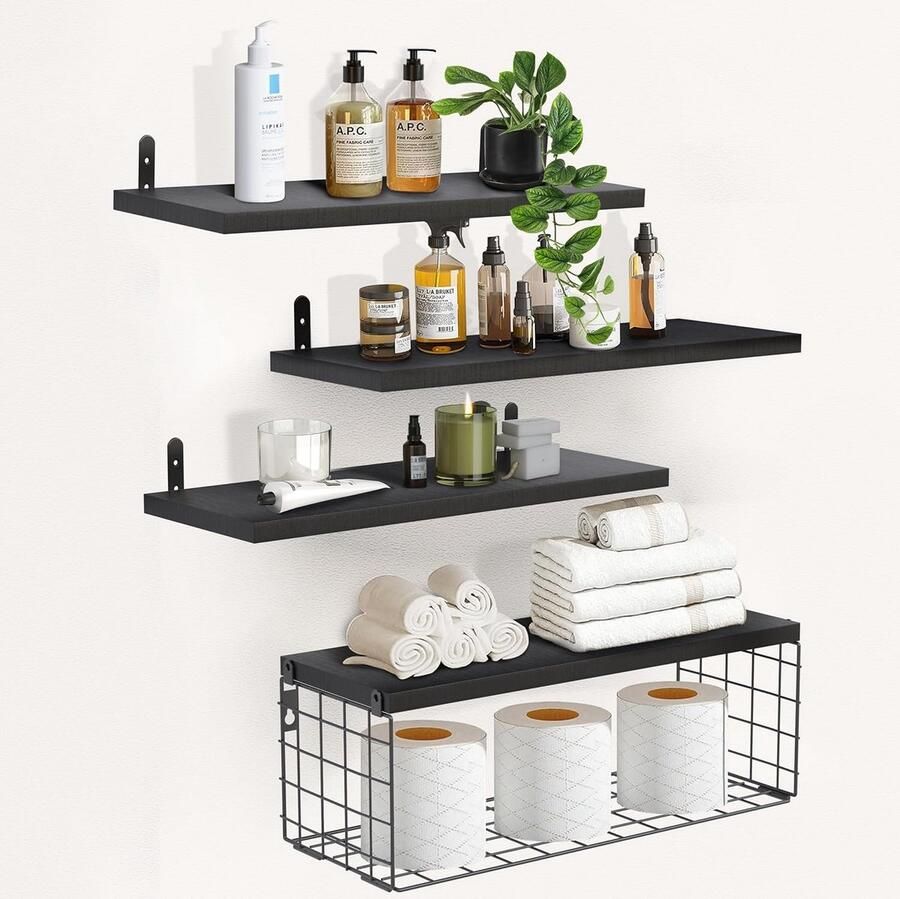 Merkloos Reken 4 zwevende houten wandplanken met metalen mand voor badkamer slaapkamer woonkamer keuken wasruimte zwart