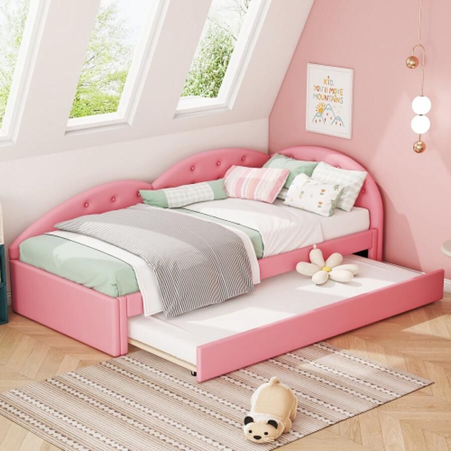 Houten bed 90*200cm slaapbank uitgerust met uitschuifbaar bed stijlvol en eenvoudig PU-materiaal roze
