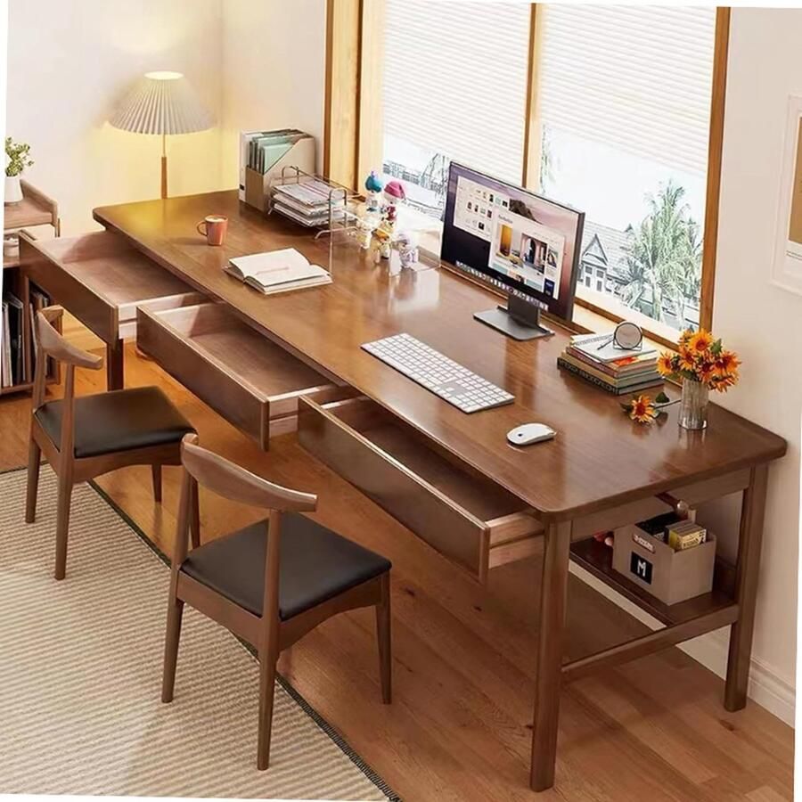 Houten 160 cm Lang Bureau met 3 Laden Massief Computerbureau Eenvoudig Kantoor Bureau Grote PC Tafel voor Thuis en Kantoor Makkelijk te Monteren 160 x 60 x 75 cm Walnoot