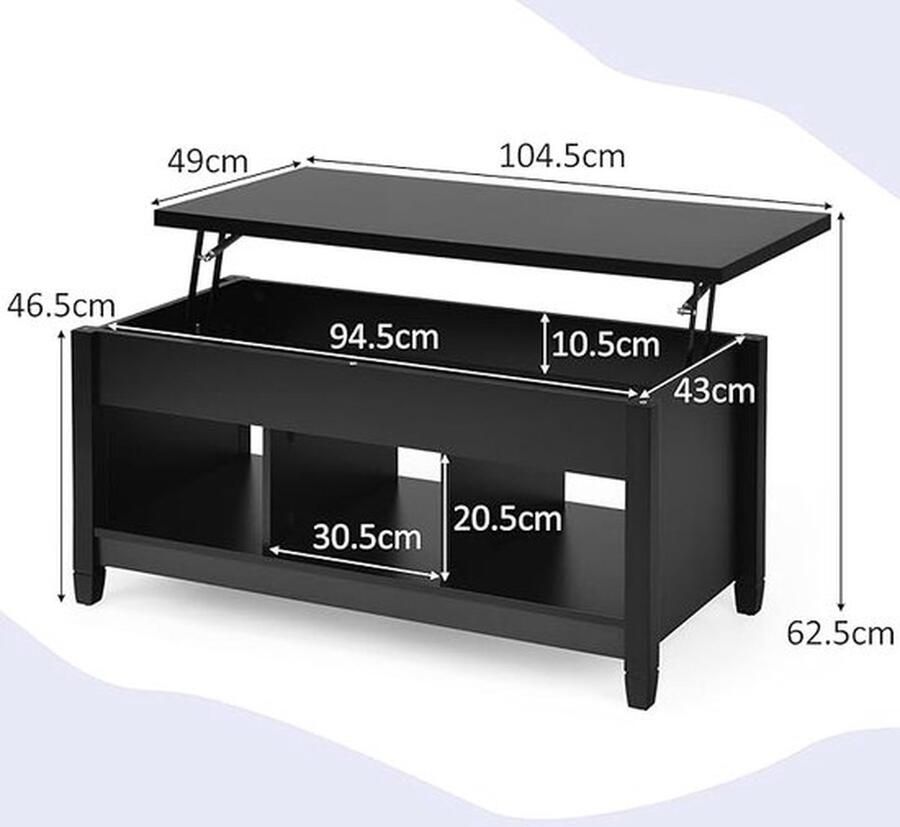 Houten Salontafel in hoogte verstelbaar salontafel met hefplateau opbergruimte en 3 open planken bijzettafel van hout salontafel theetafel voor woonkamer (zwart)