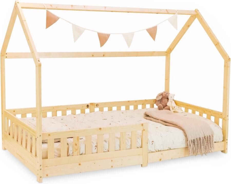 Howtoplay Montessori Vloerbed met huisje (200 x 90 CM) Naturel Hout van de makers van Howtotalk en How2talk2kids Petite Amelie Style Kinderbed geïnspireerd op Montessori principe met Uitvalbescherming Peuterbed kinderbedden 90 x 200 cm