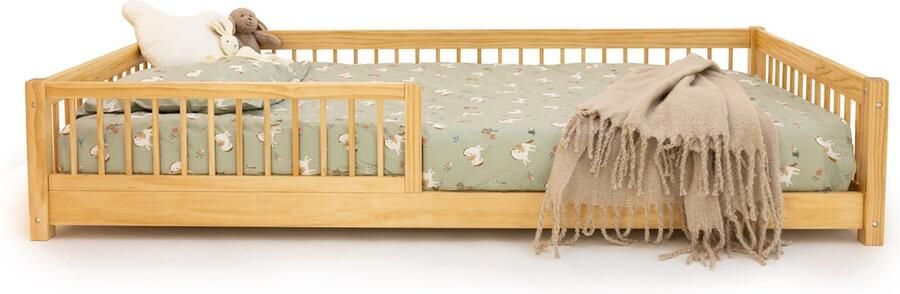 Howtoplay Montessori Vloerbed (200 x 90 CM) Naturel Hout van de makers van Howtotalk en How2talk2kids Petite Amelie Style Kinderbed geïnspireerd op Montessori principes met Uitvalbescherming Peuterbed kinderbedden 90 x 200 cm