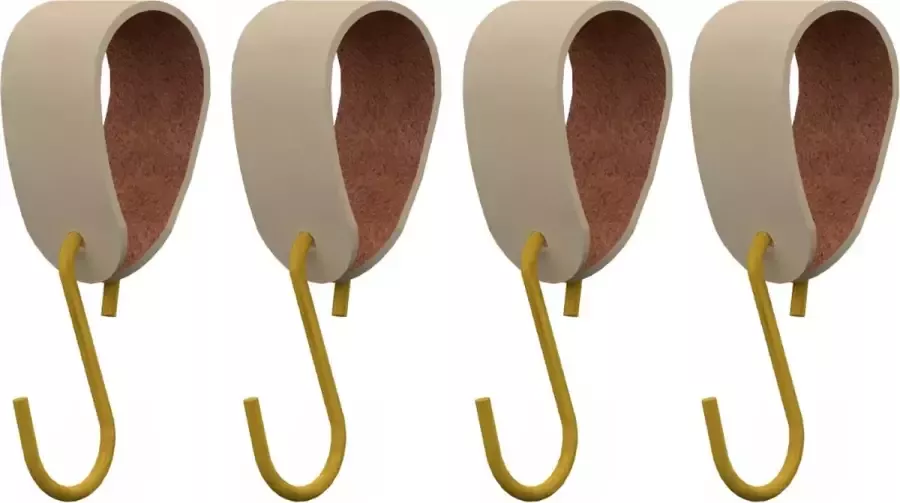 HOYA living S-haakje Goud + leren hanger: CREME Maat M set van 4- (S-haakjes kapstokhaakje handdoekhaakje kapstokhaak ophanghaken S-haken)