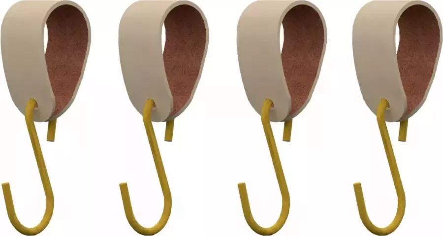 HOYA living S-haakje Goud + leren hanger: CREME Maat S set van 4- (S-haakjes kapstokhaakje handdoekhaakje kapstokhaak ophanghaken S-haken)