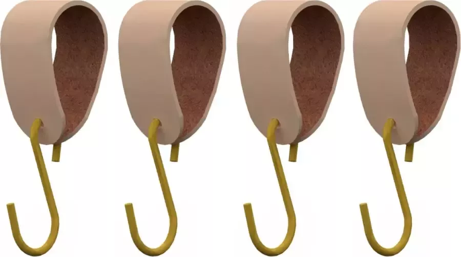 HOYA living S-haakje Goud + leren hanger: NATUREL Maat M set van 4- (S-haakjes kapstokhaakje handdoekhaakje kapstokhaak ophanghaken S-haken) - Foto 1