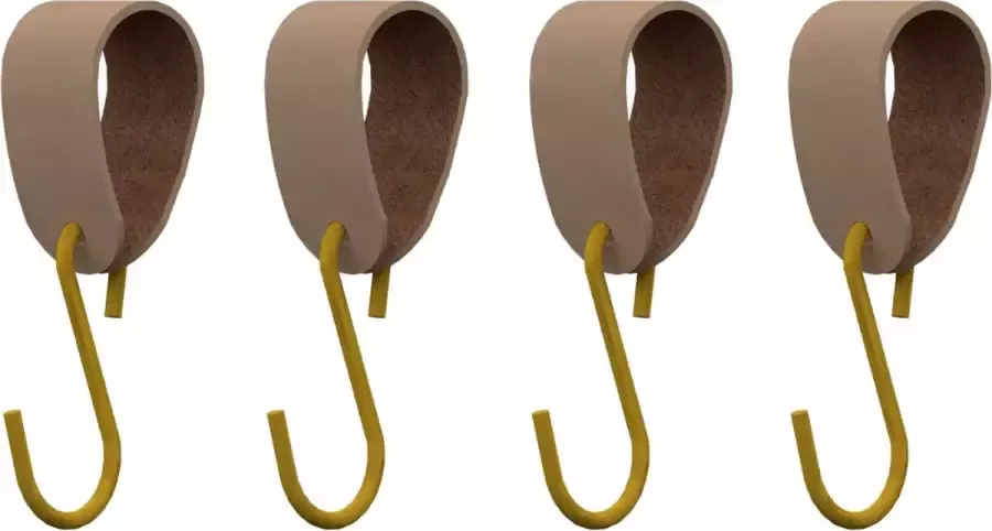 HOYA living S-haakje Goud + leren hanger: TAUPE Maat S set van 4- (S-haakjes kapstokhaakje handdoekhaakje kapstokhaak ophanghaken S-haken)