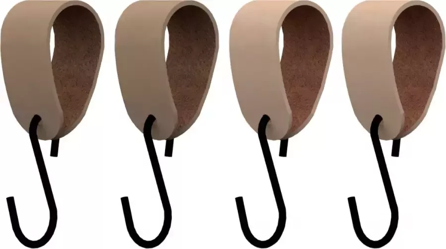 HOYA living S-haakje Zwart + leren hanger: TAUPE Maat M set van 4- (S-haakjes kapstokhaakje handdoekhaakje kapstokhaak ophanghaken S-haken)