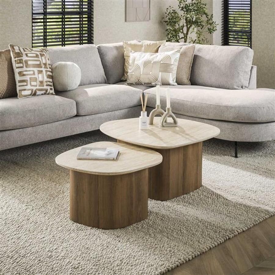 Hoyz Collection Salontafel Romano Kiezel Ceramic Travertine Set van 2