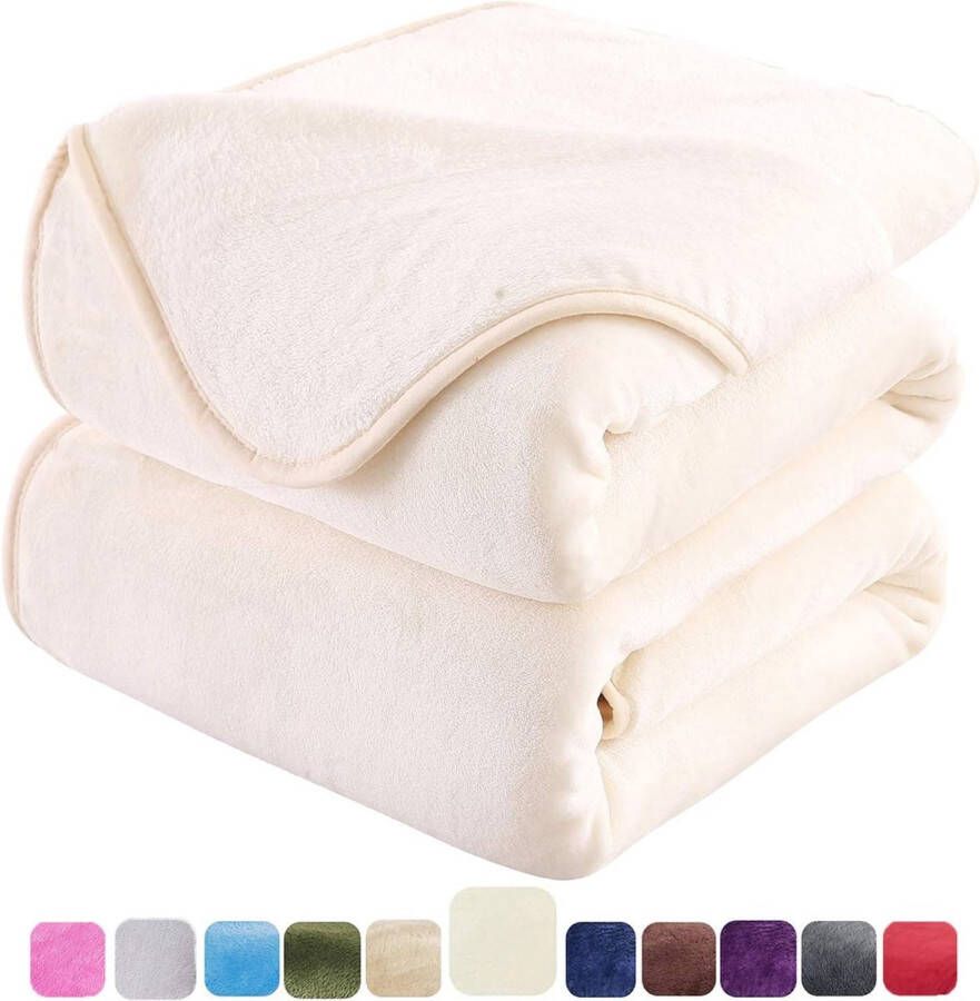 Whoopr Dikke Fleece Plaid Deken 230x270 cm Dekentje Ivoor Zacht en Warm Dubbelzijdig Omkeerbaar voor Dubbel Bed en Flanellen Sofa Bank
