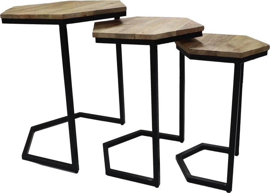 HSM Collection Bijzettafel Set van 3 50cm Naturel Zwart Mangohout Ijzer
